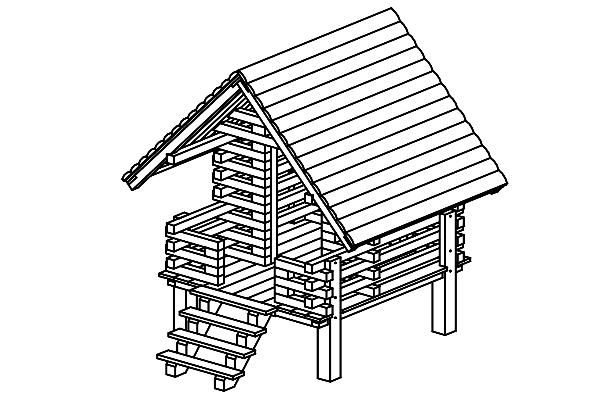 Großes Pfahldorfhaus in Lärche Pfosten Kantholz Lärche mit Stahlfüßen