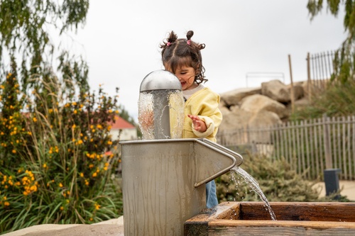 Child experiments with water at a spring head and flowing water, natural water playground near the Golden Gate Bridge.