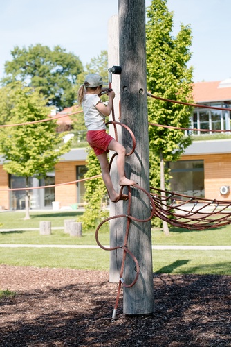 Child climbs up a red rope ladder on a tree trunk.